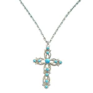 Vintage Turquoise Cross Necklace Silver Tone Filigree Pendant on Chain